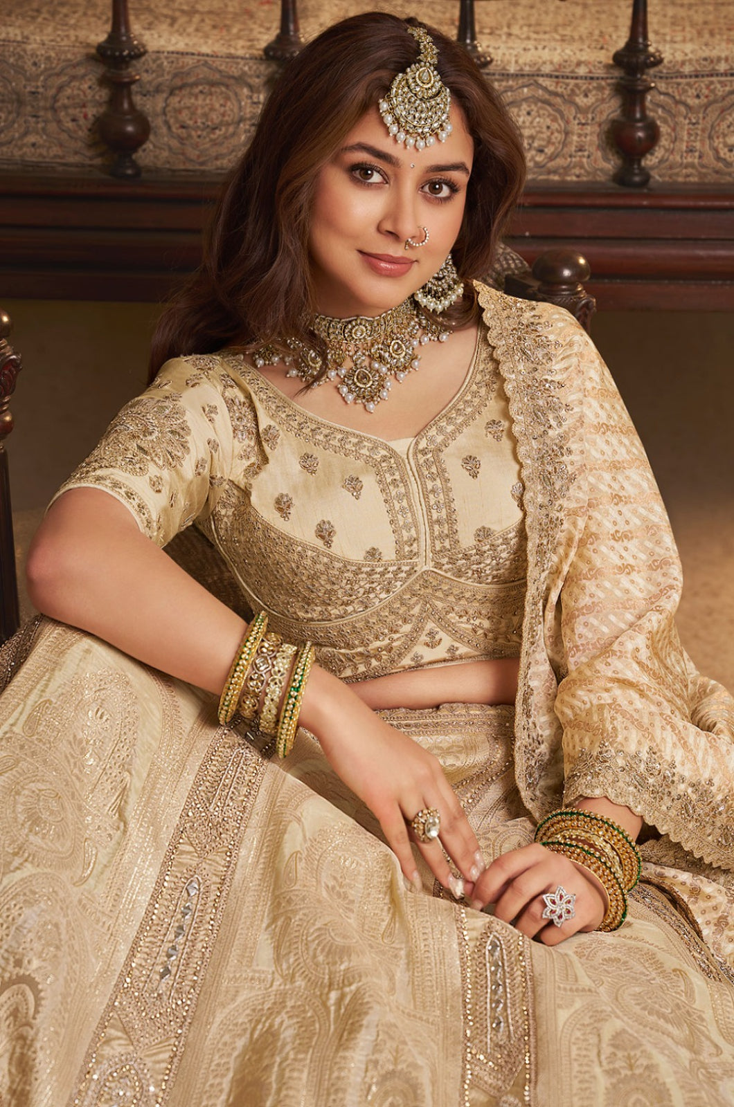 Beige Banarasi Lehenga Choli - SFSA522205
