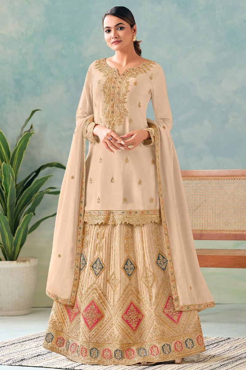 Beige Casual Chinnon Designer Palazzo Kameez SFYS154803R