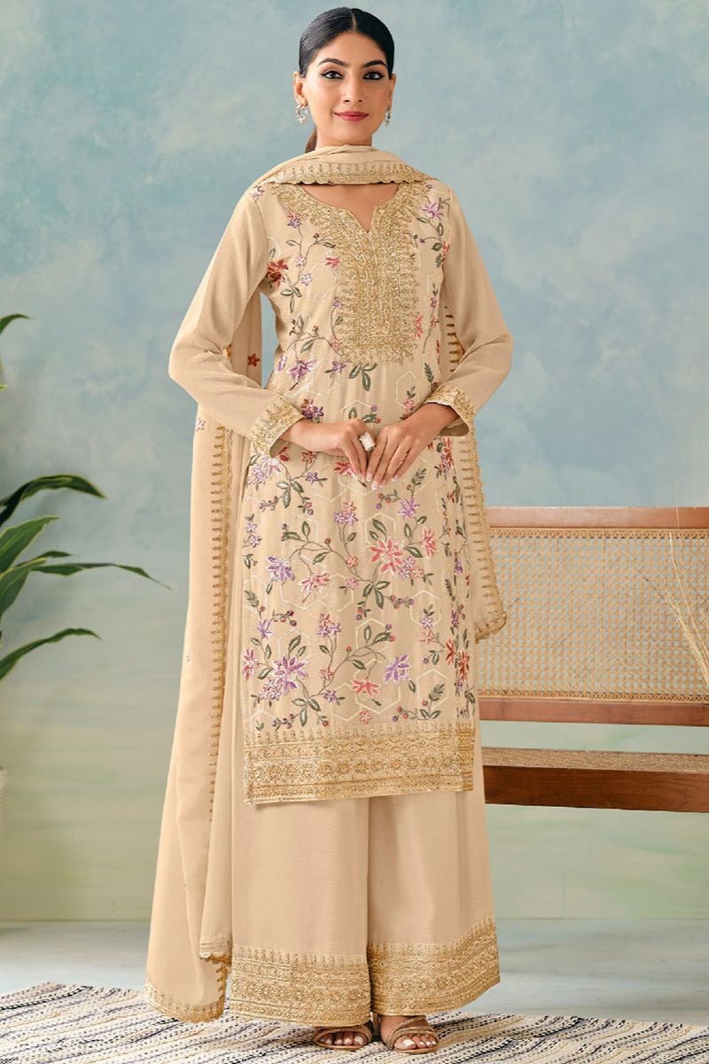 Beige Casual Chinnon Designer Palazzo Kameez SFYS154801R