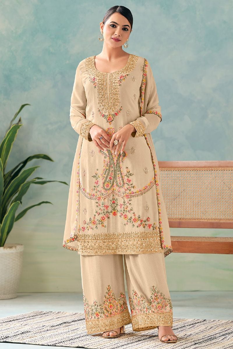Beige Casual Chinnon Designer Palazzo Kameez SFYS154804R