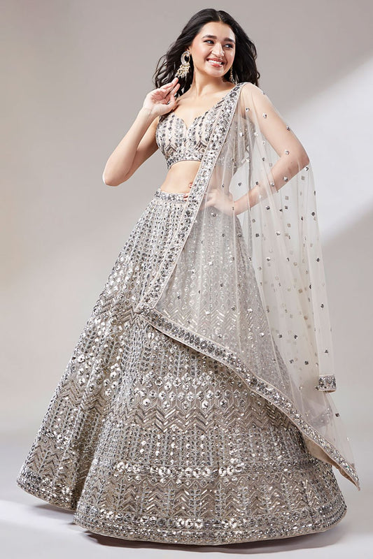 Beige Cocktail Evening Net Lehenga Choli SFROY522407