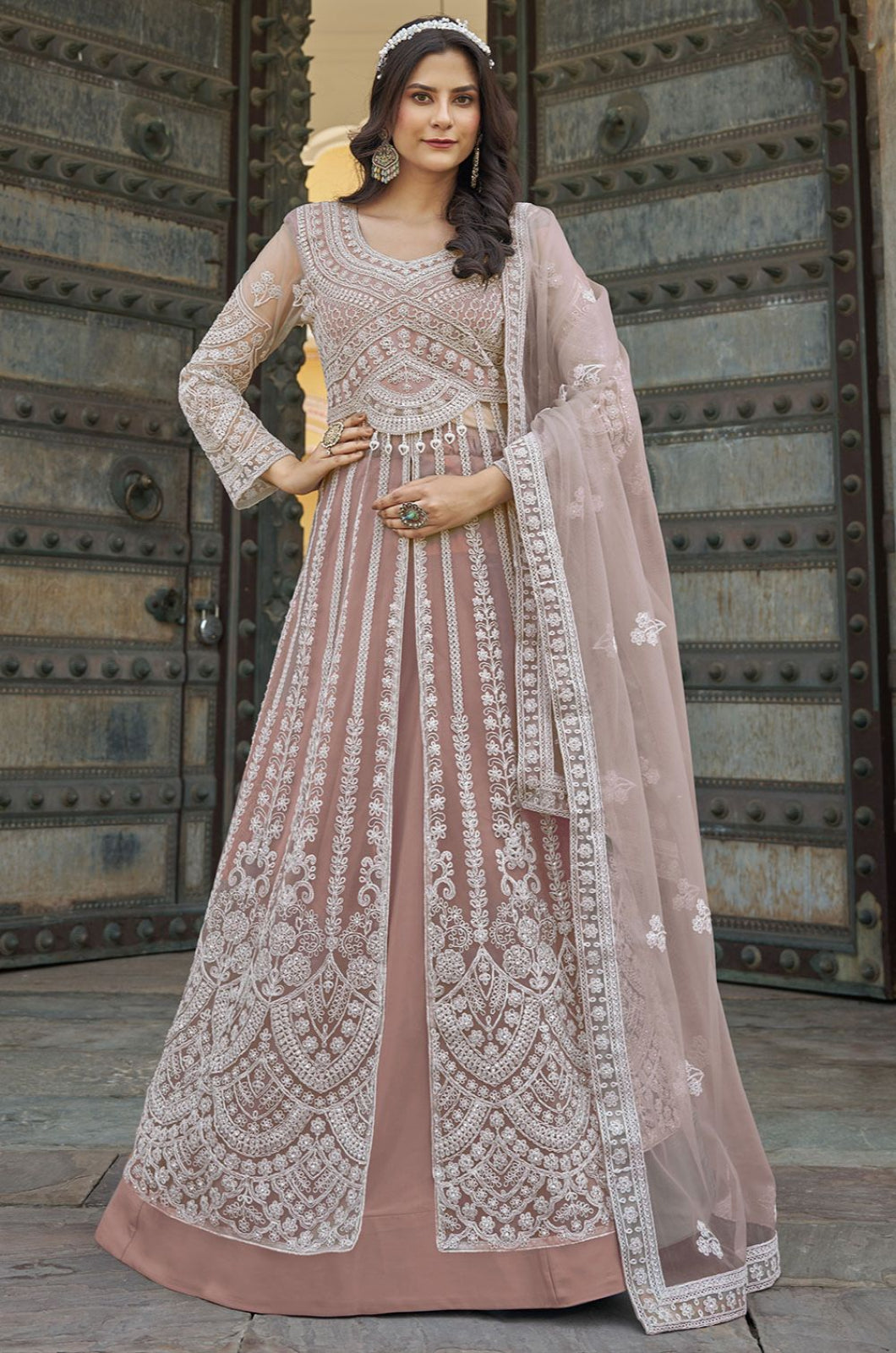 Beige Net Salwar Kameez - SFSA500703