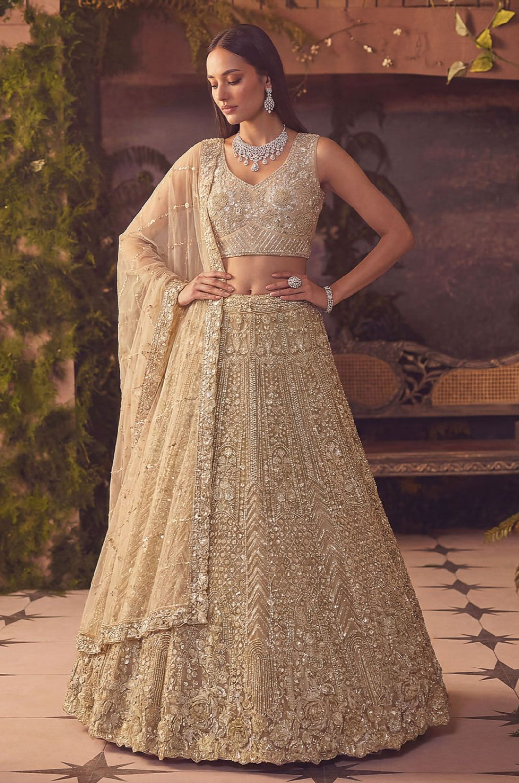 Beige Net Lehenga Choli - SFANJ3300
