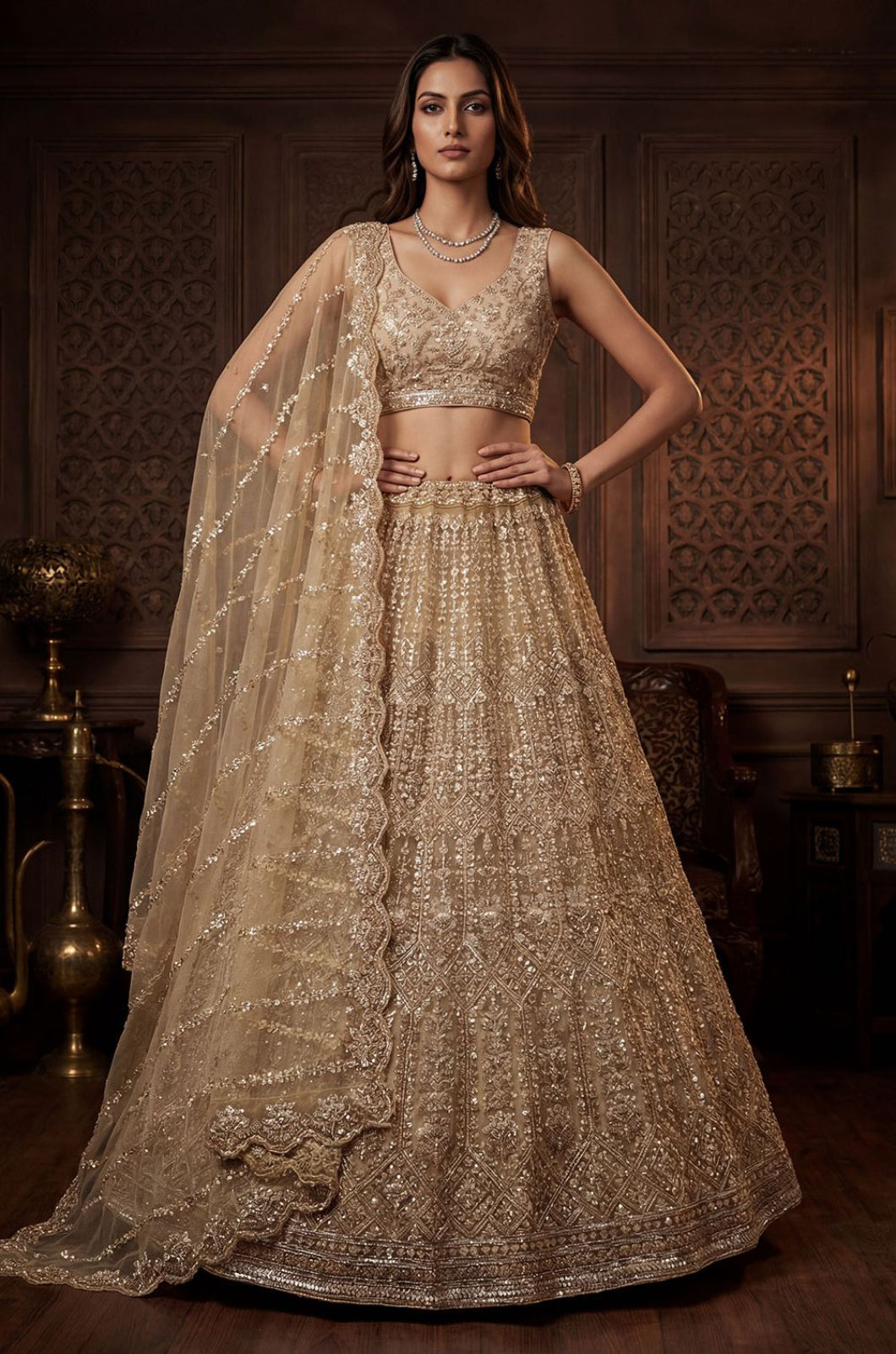Beige Net Lehenga Choli - SFANJ3310