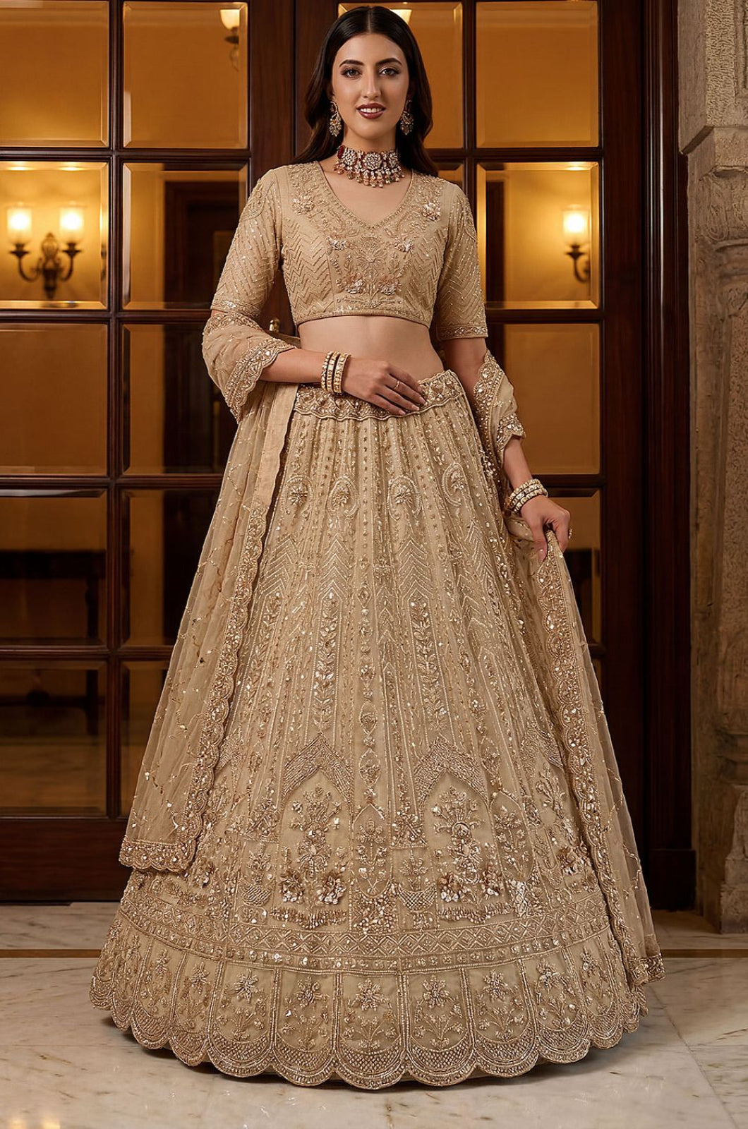 Beige Net Lehenga Choli - SFANJ3373