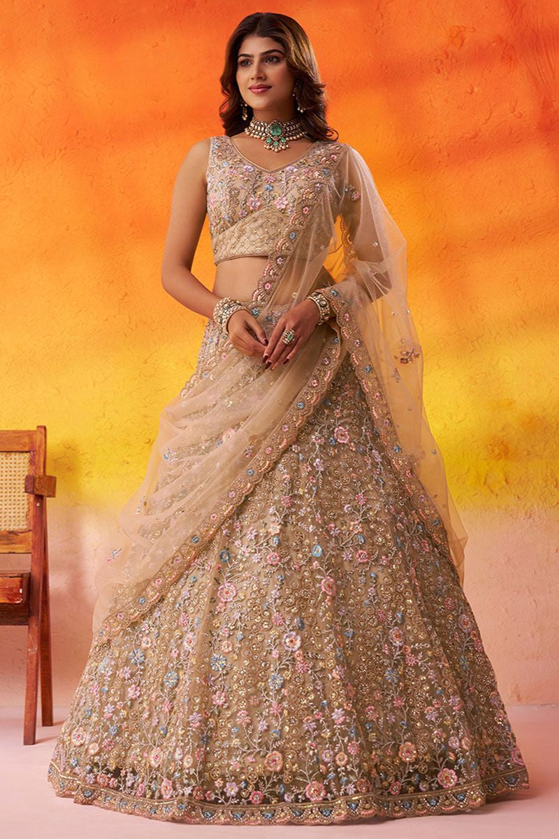 Beige Net Lehenga Choli - SFROY565716