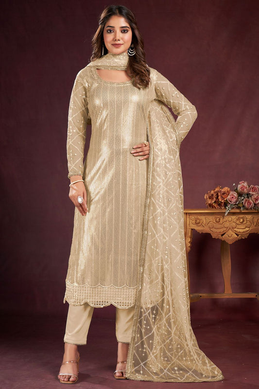 Plus Size Gold Salwar Suit In Net SFYS114804A
