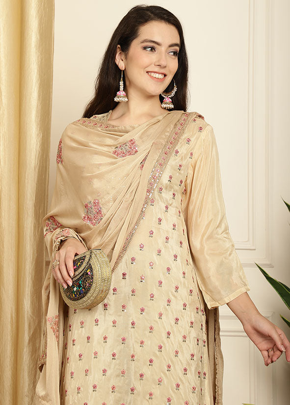 Plus Size Beige Yellow Salwar Suit In Silk SFSTL28602
