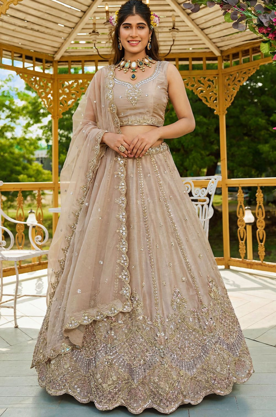 Beige Satin Lehenga Choli - SFANJ3273
