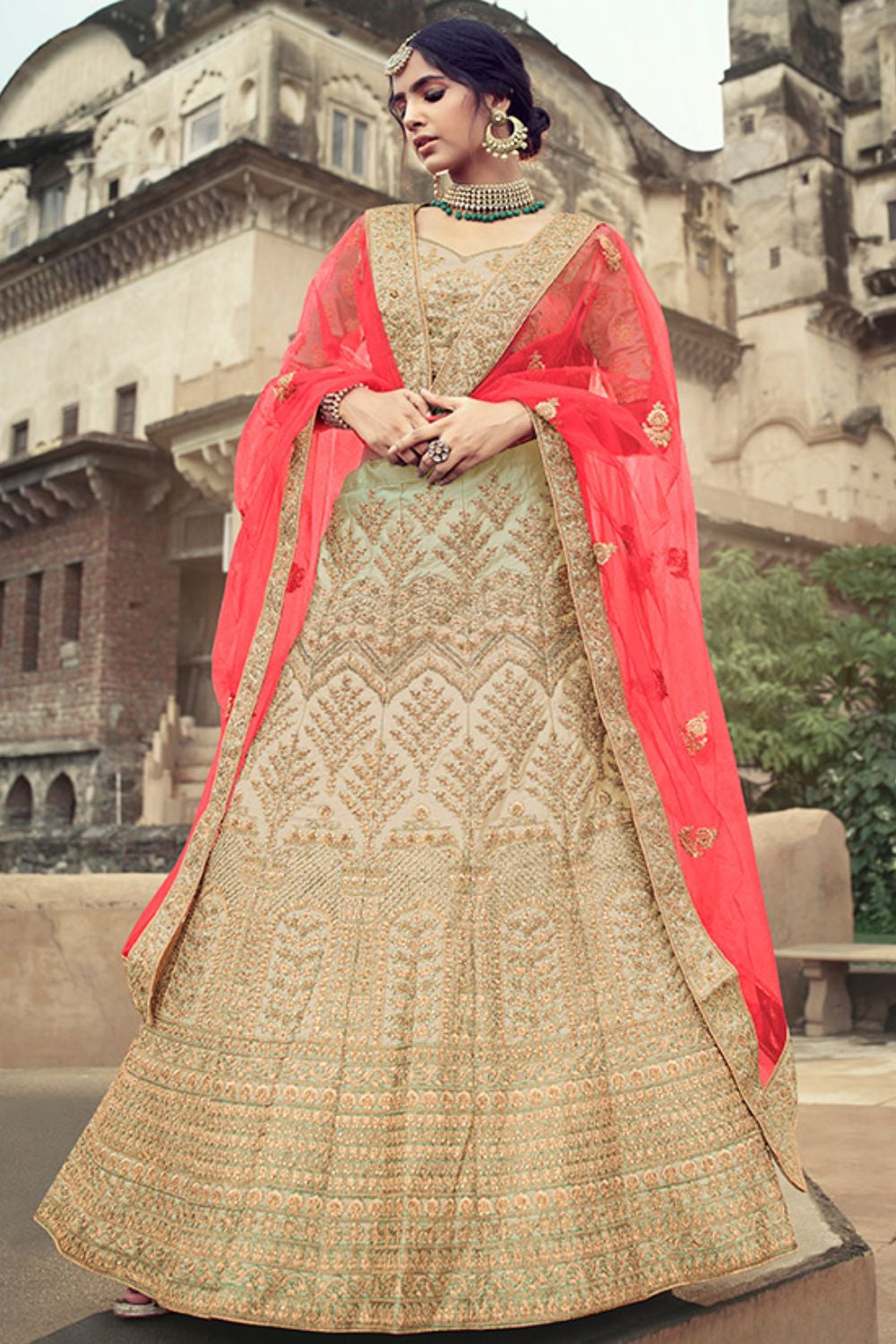 Beige Glitter Stone Work Engagement Satin Lehenga Choli SFARY11508