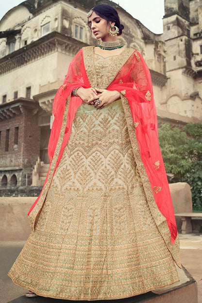 Beige Glitter Stone Work Engagement Satin Lehenga Choli SFARY11508