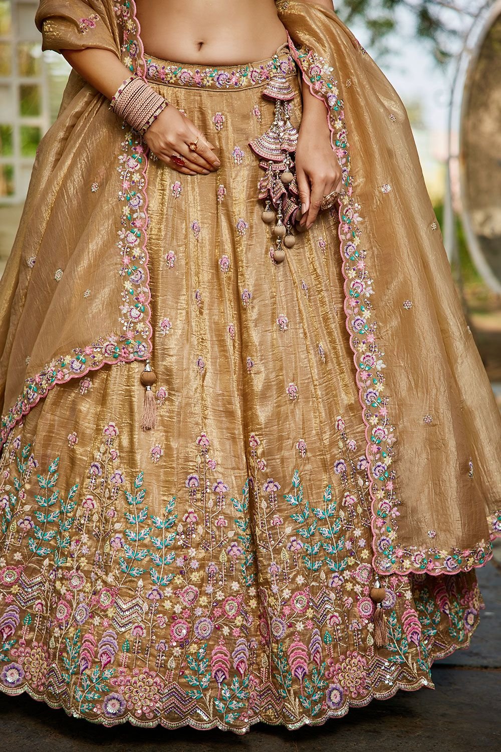 Beige Tissue Wedding Party Lehenga Choli SFFK28901