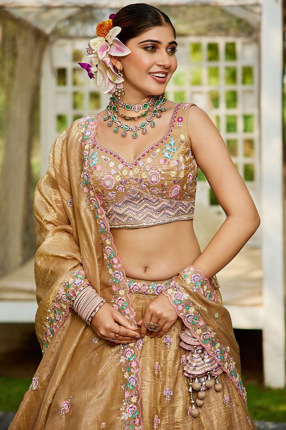 Beige Tissue Wedding Party Lehenga Choli SFFK28901