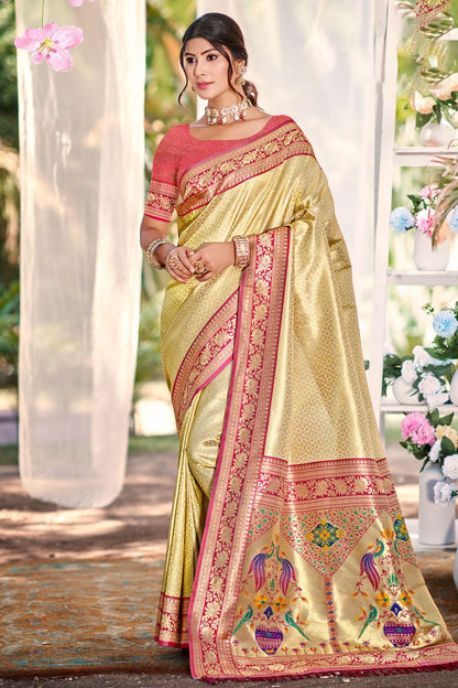 Beige  Haldi Kanjivaram Silk Zari Woven Saree With Blouse SFSGM119105