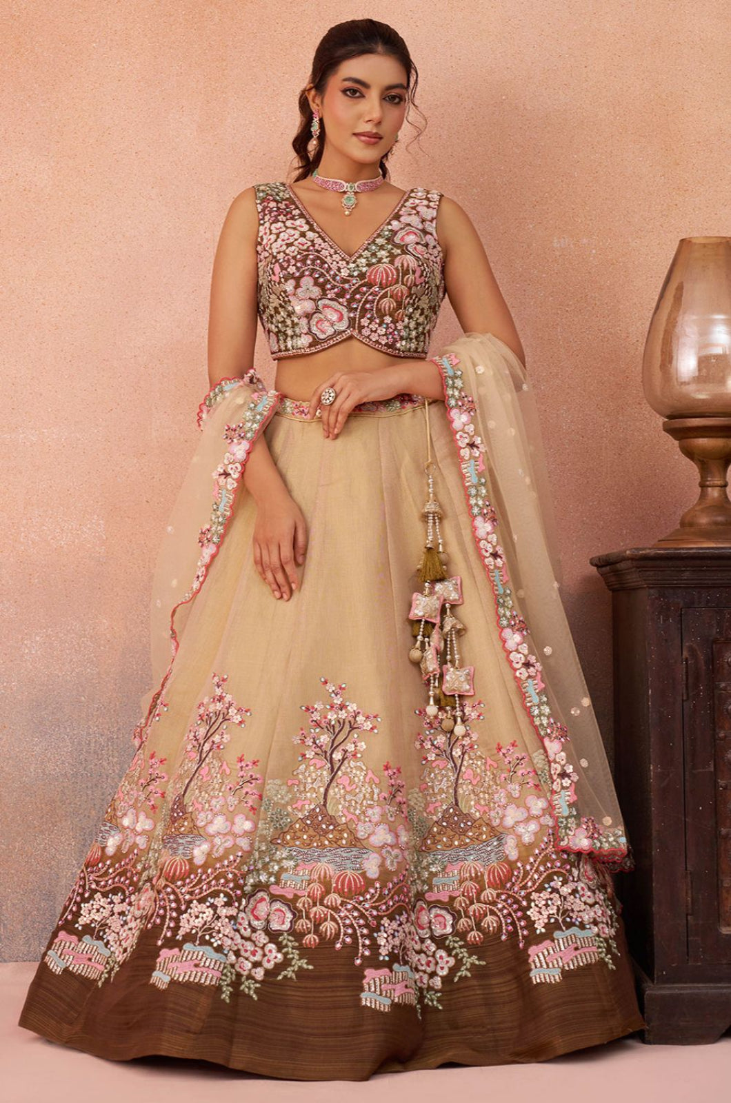 Beige Net Lehenga Choli - SFROY571703