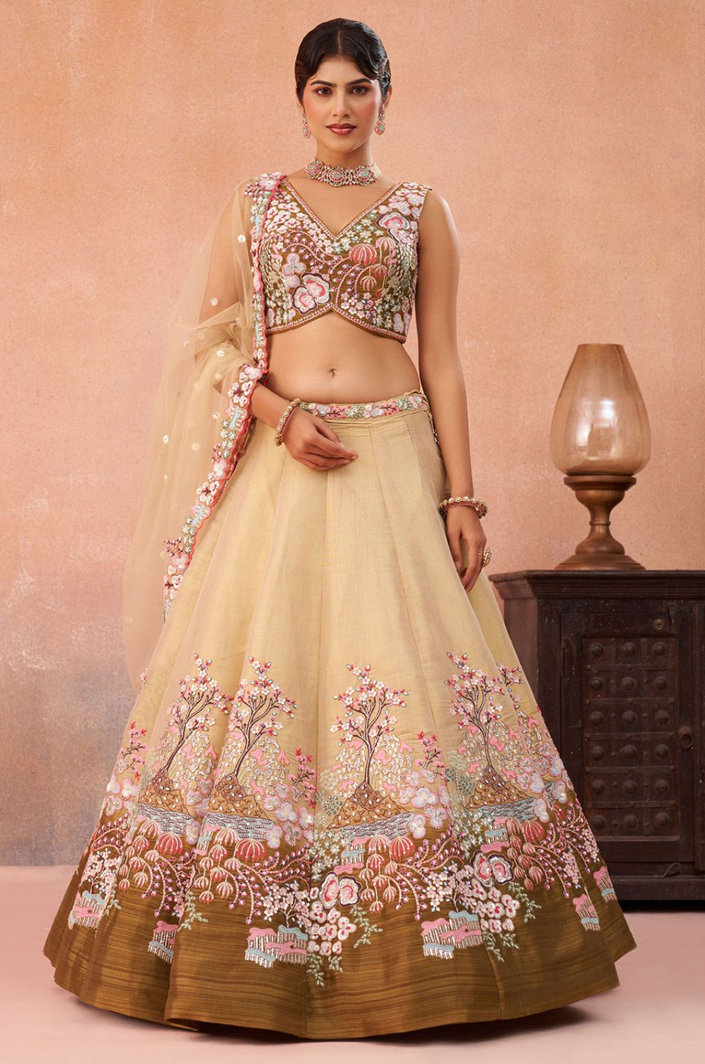 Beige Net Lehenga Choli - SFROY571704