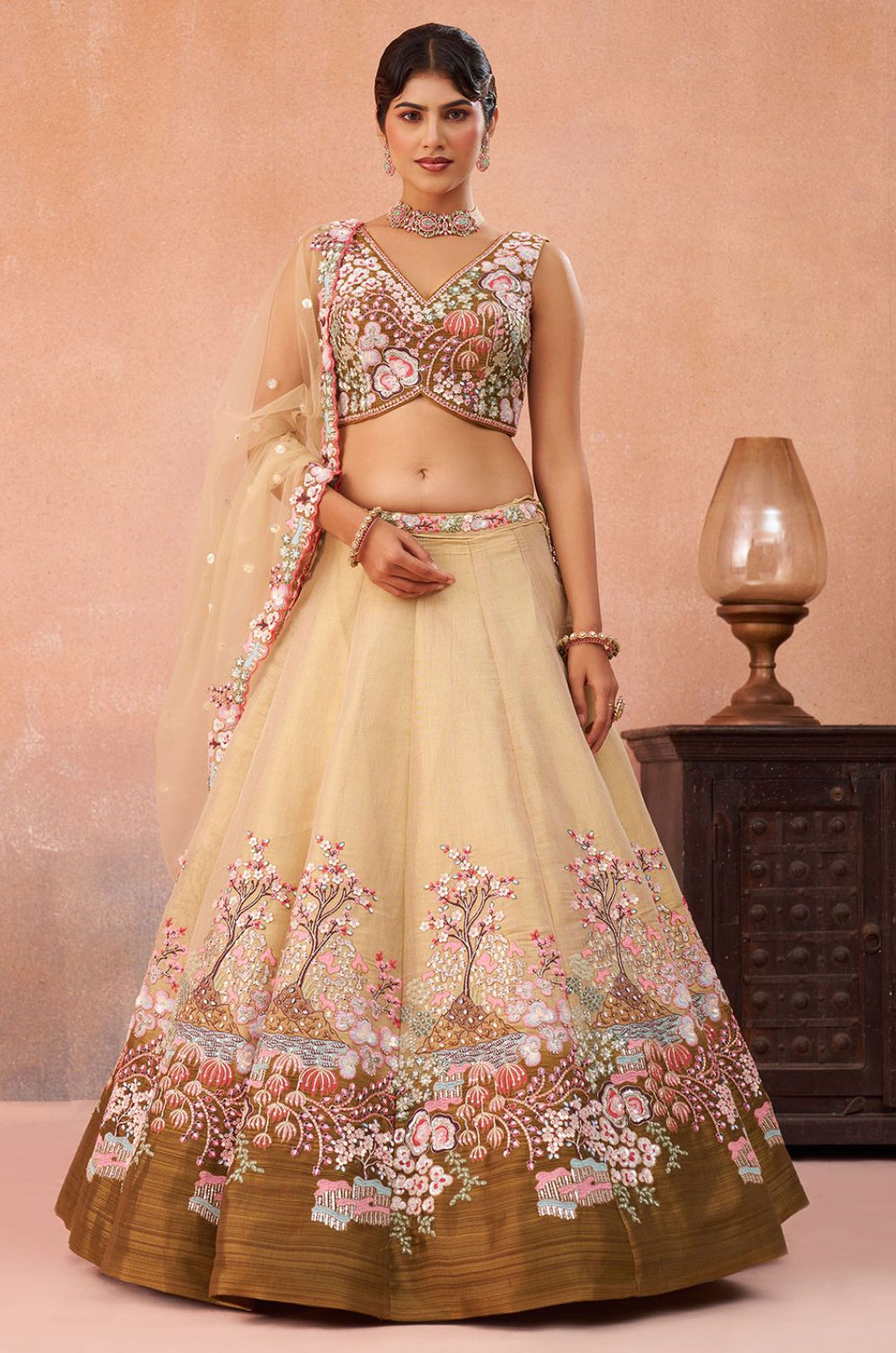 Beige Net Lehenga Choli - SFROY571704