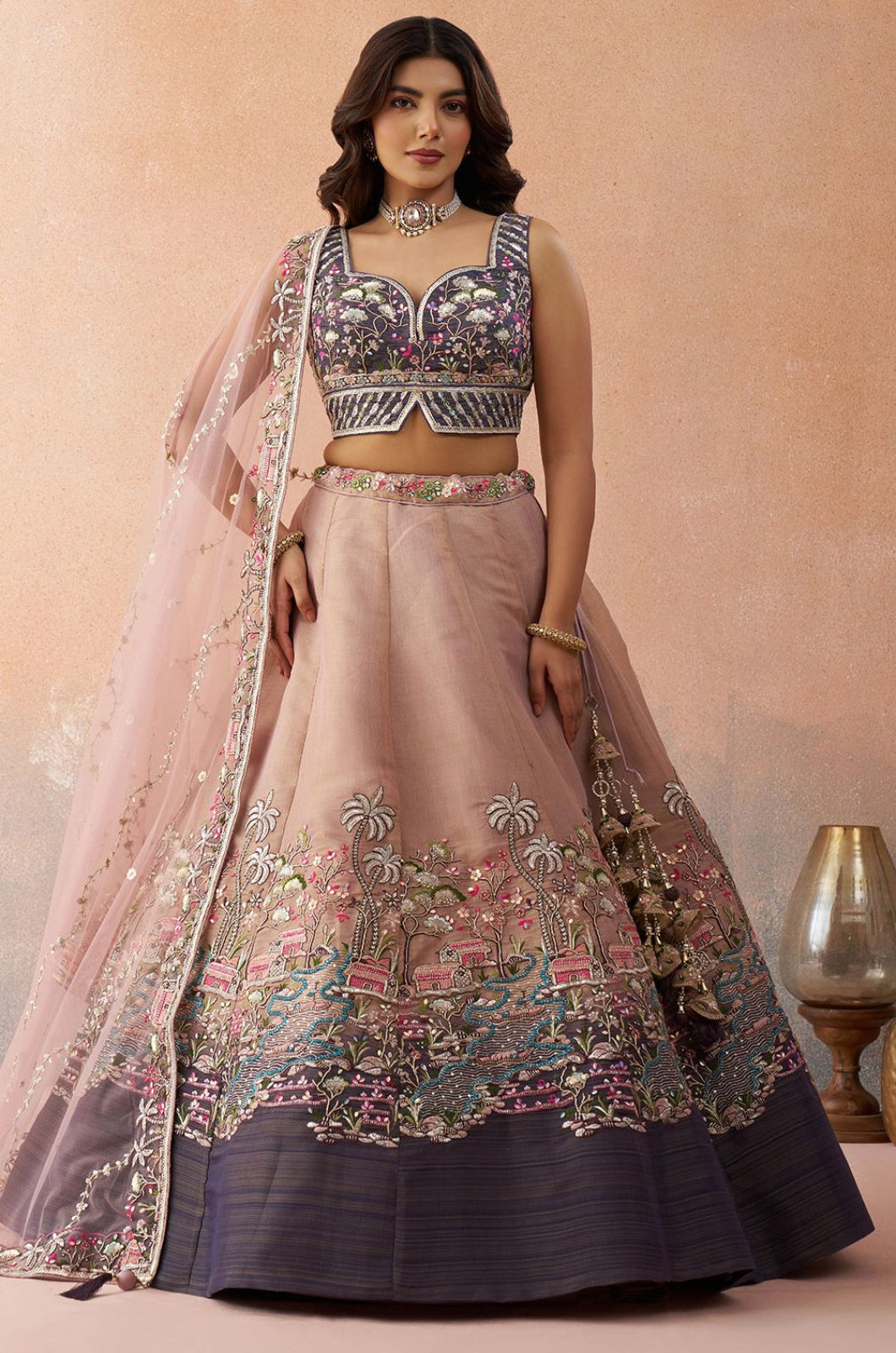 Beige Net Lehenga Choli - SFROY571716