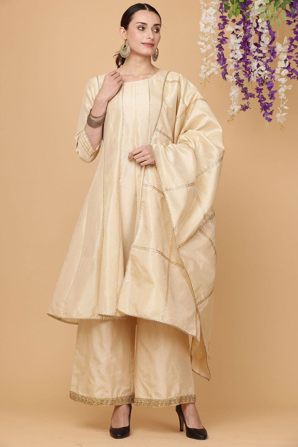 Beige Heritage Silk Salwar Kameez With Gota Work SFJBNF1804R