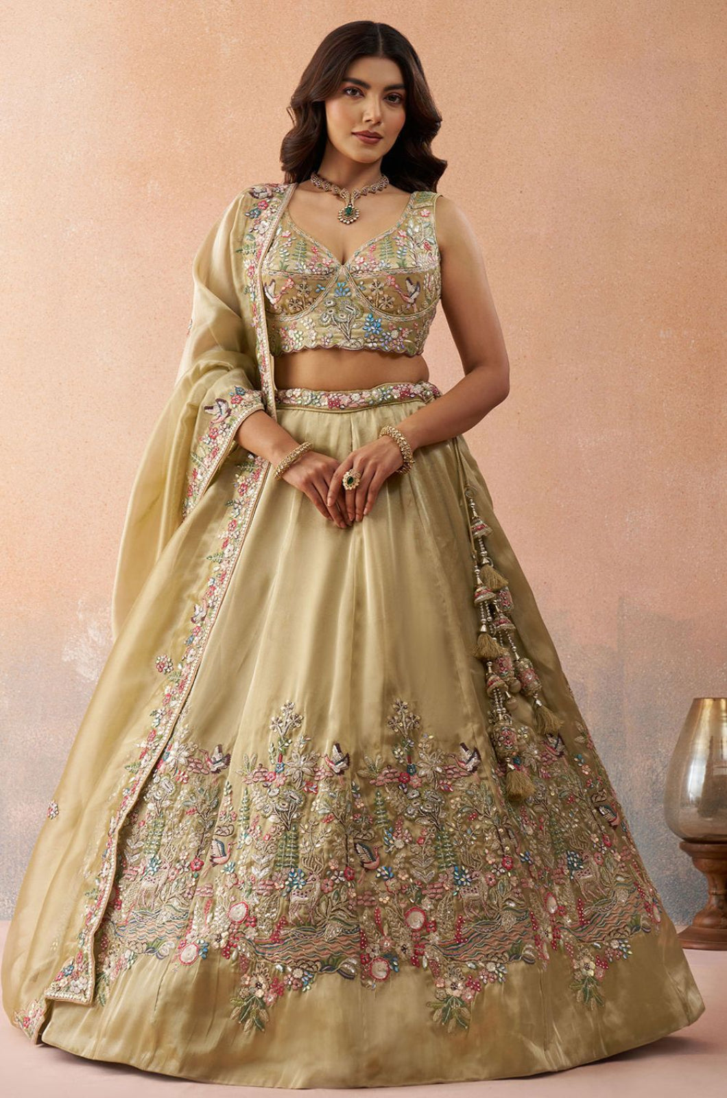 Beige Tissue Lehenga Choli - SFROY571718