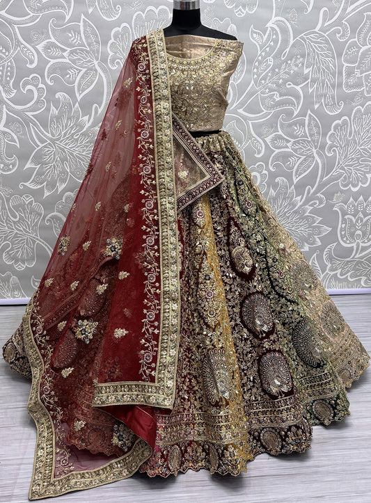 Beige Velvet Bridal Wedding Lehenga Choli SFANJ2938