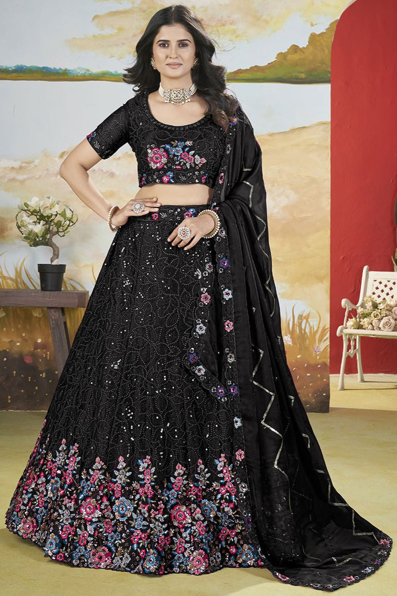 Black Chinnon Wedding Party Lehenga In Flower Pattern SFANJ2946