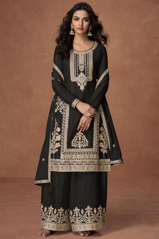 Black  Culture-wrapped Chinnon Silk Palazzo Suit  SFYS155904R