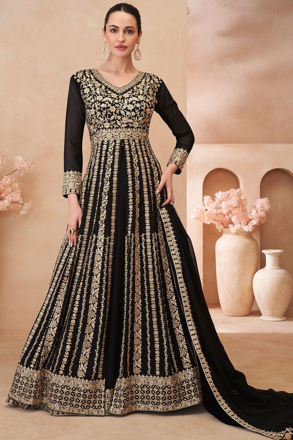 Black Wedding Sangeet Anarkali Lehenga Suit In Georgette  SFSMT40804