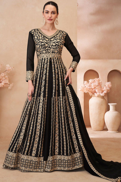 Black Wedding Sangeet Anarkali Lehenga Suit In Georgette  SFSMT40804