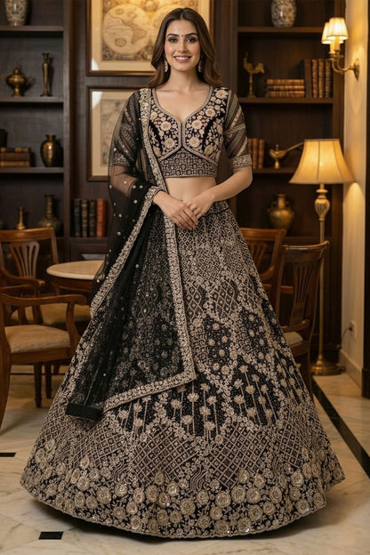 Black Bridal Engagement Net Lehenga Choli SFANJ3200