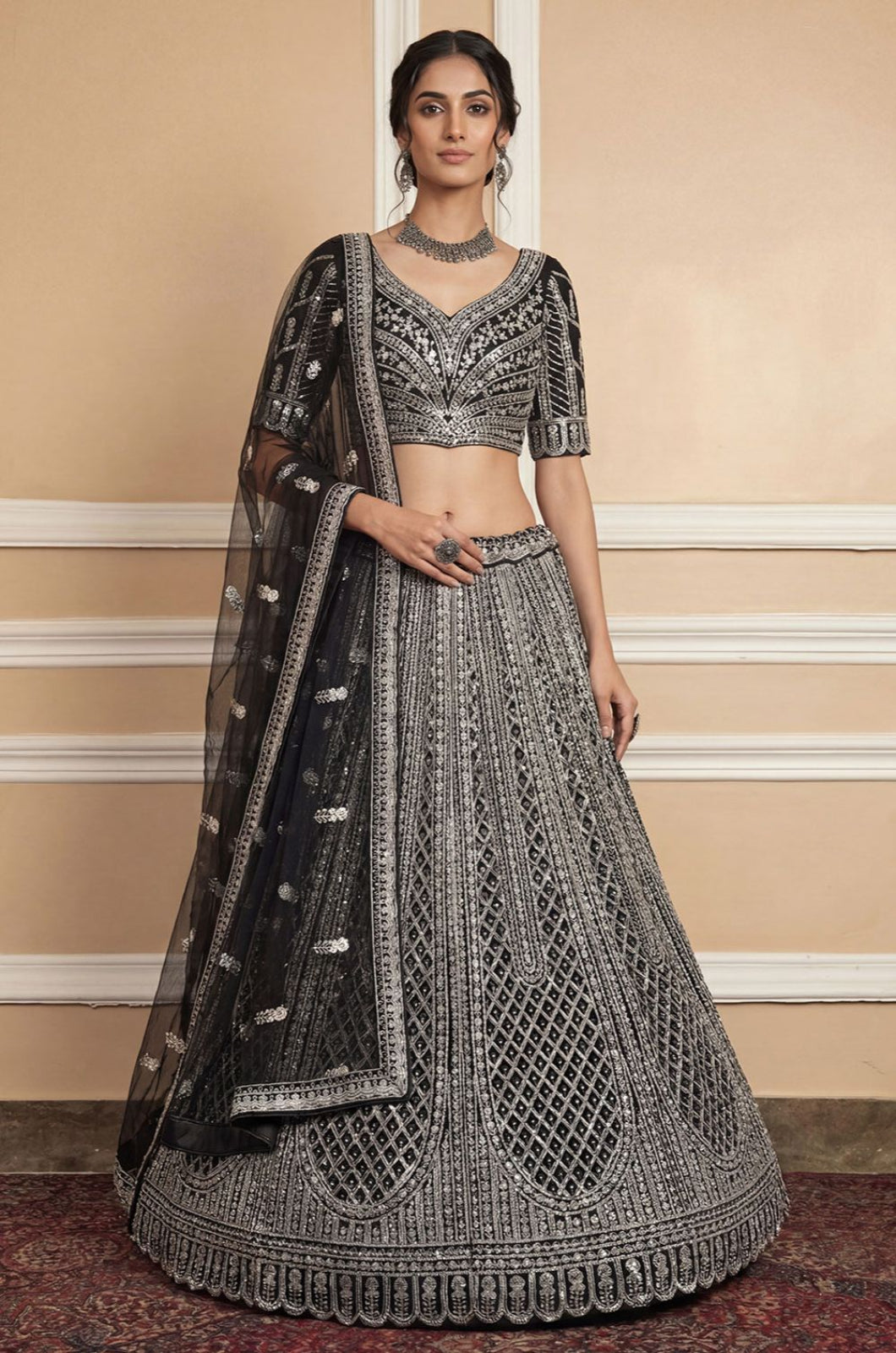 Black Net Lehenga Choli - SFANJ3249