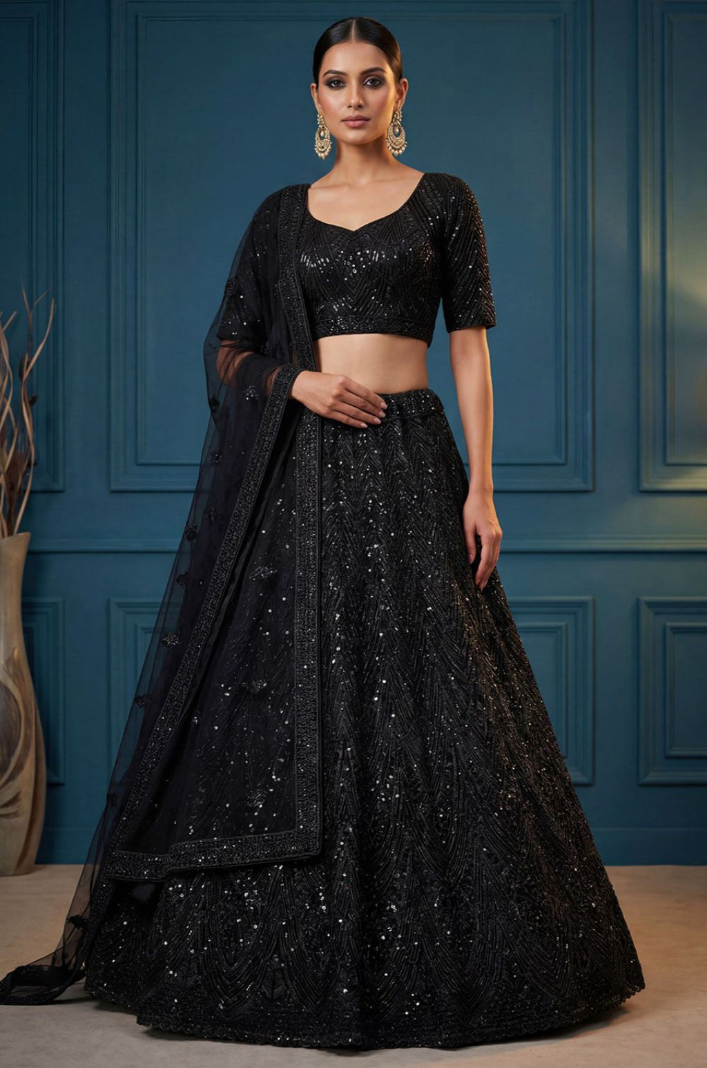 Black Net Lehenga Choli - SFANJ3287
