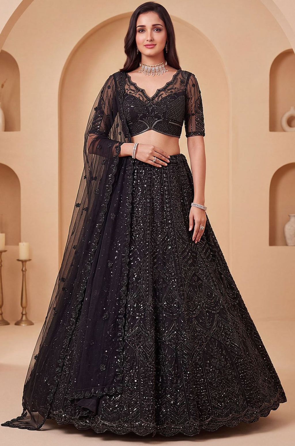 Black Net Lehenga Choli - SFANJ3458