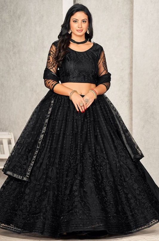 Black Net Lehenga Choli - SFROY474901