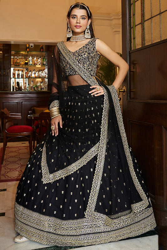 Black Evening Party Georgette Lehenga Choli With Sequins Zari Work SFARY15801