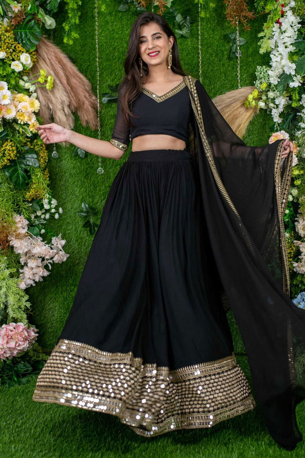 Black Georgette Lehenga Choli In Zari Work SFRELS3903