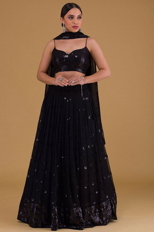 Black Evening Party Georgette Lehenga Choli With Sequins Zari Work SFZC1902