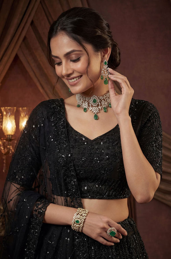 Black Satin Lehenga Choli - SFANJ3261