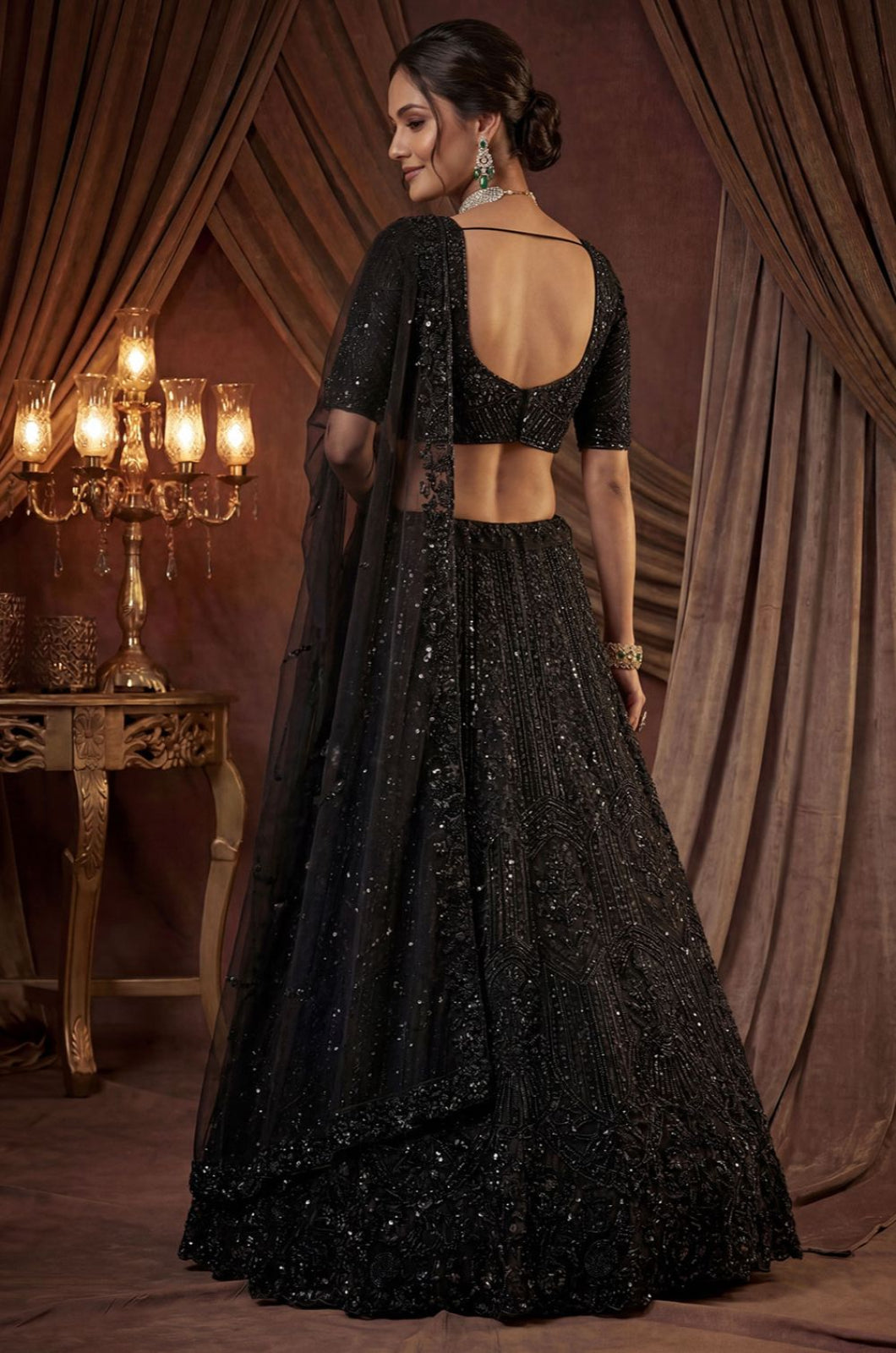 Black Satin Lehenga Choli - SFANJ3261