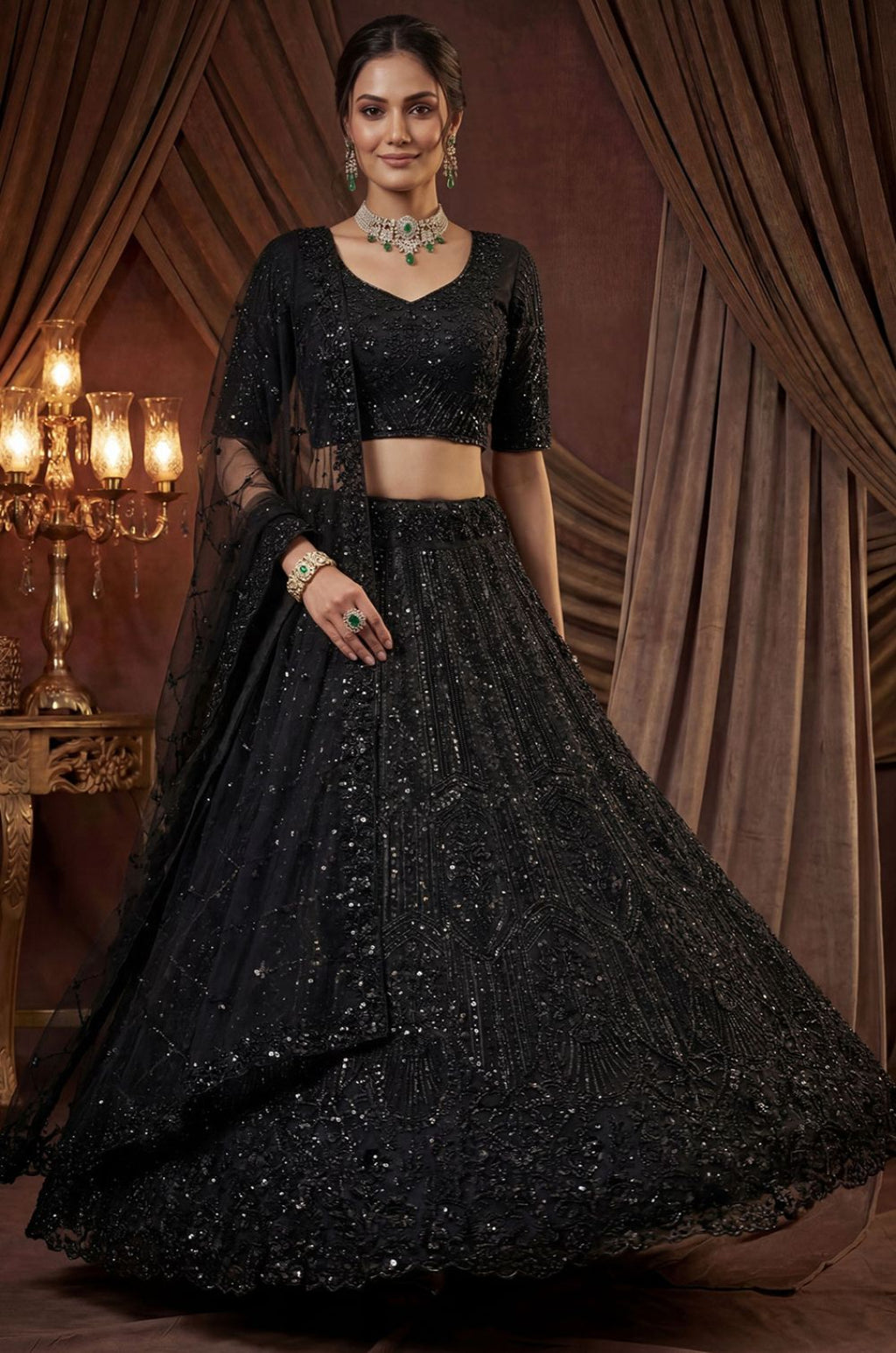 Black Satin Lehenga Choli - SFANJ3261