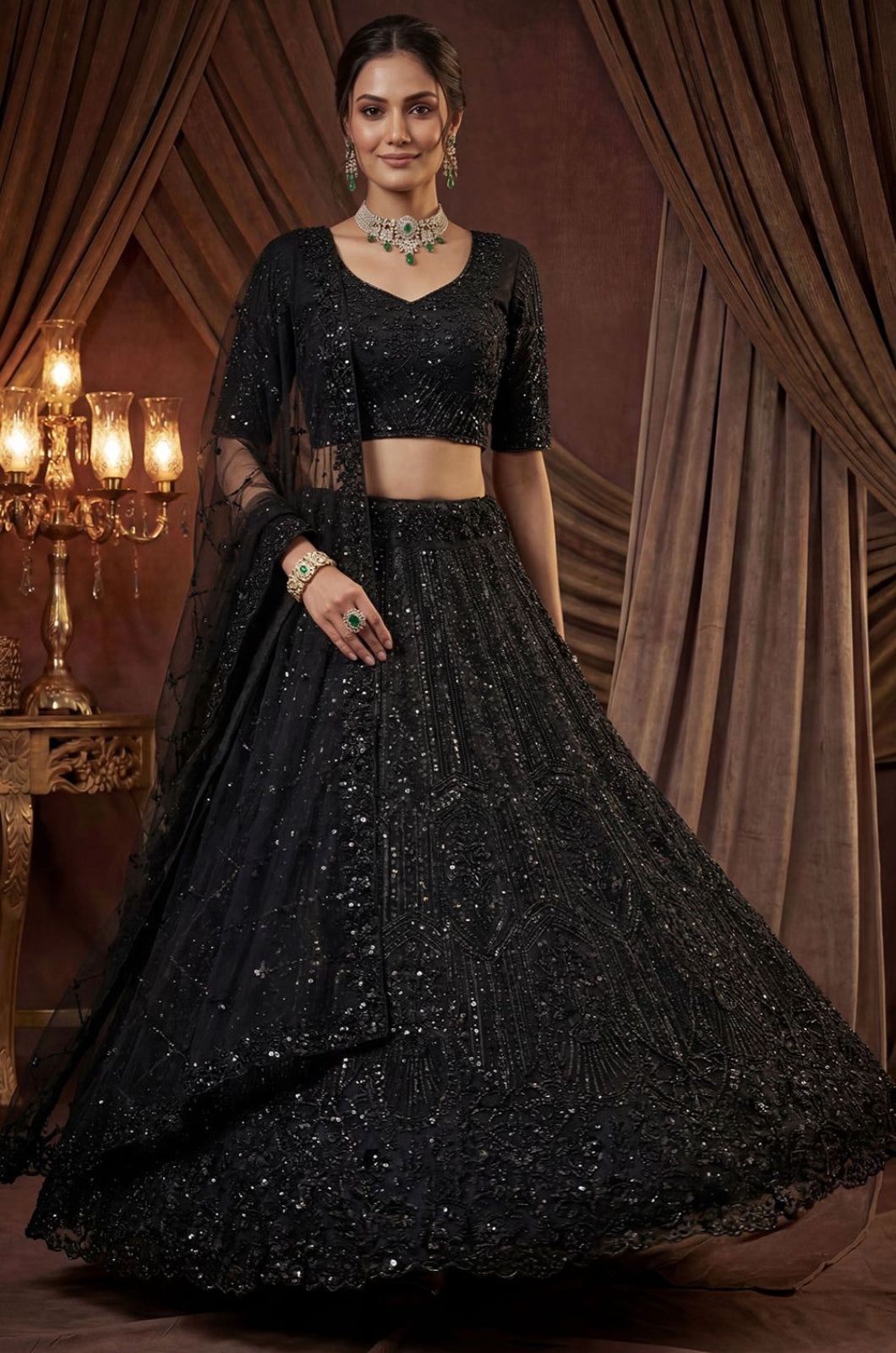 Black Satin Lehenga Choli - SFANJ3261