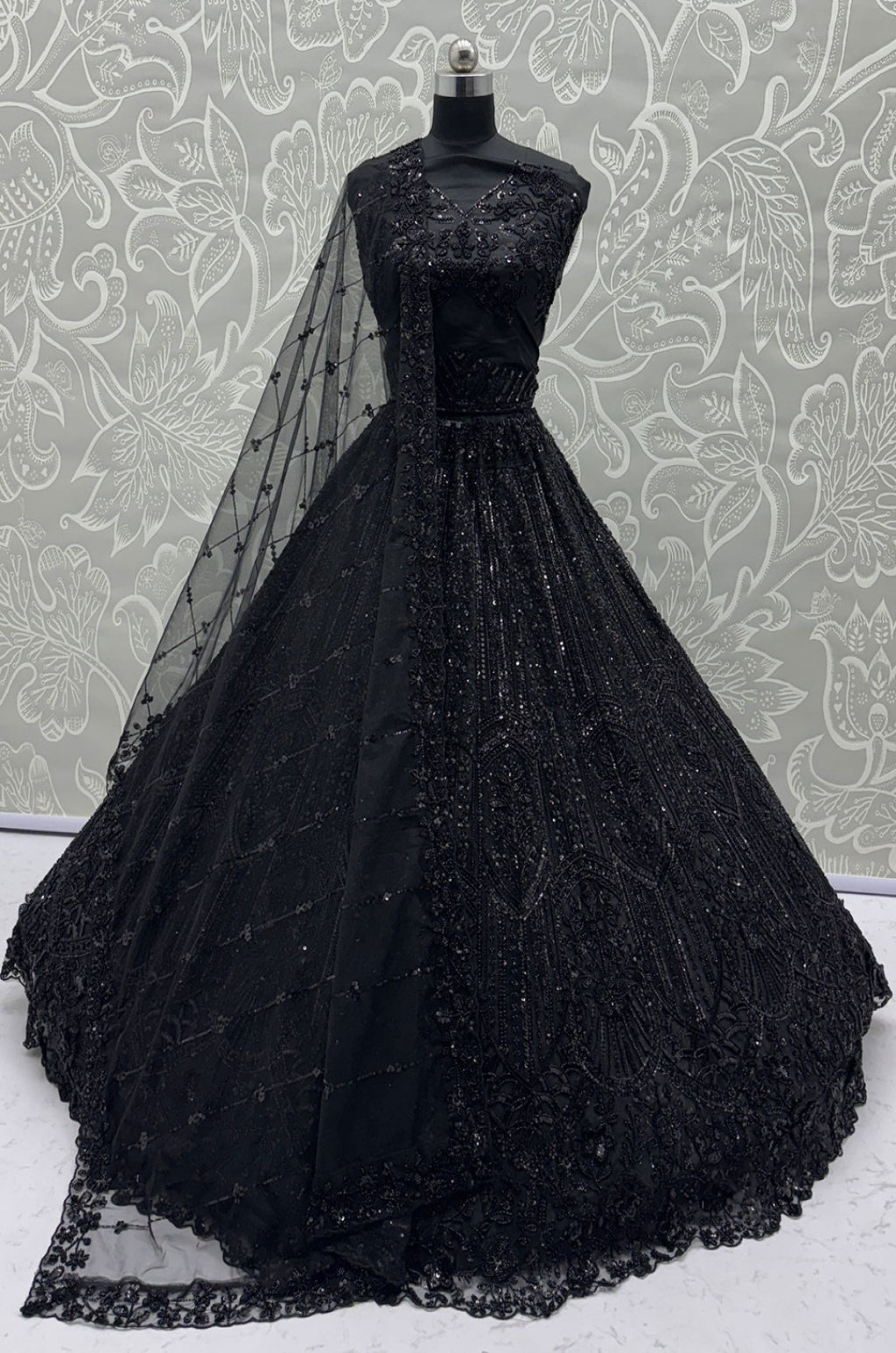 Black Satin Lehenga Choli - SFANJ3261