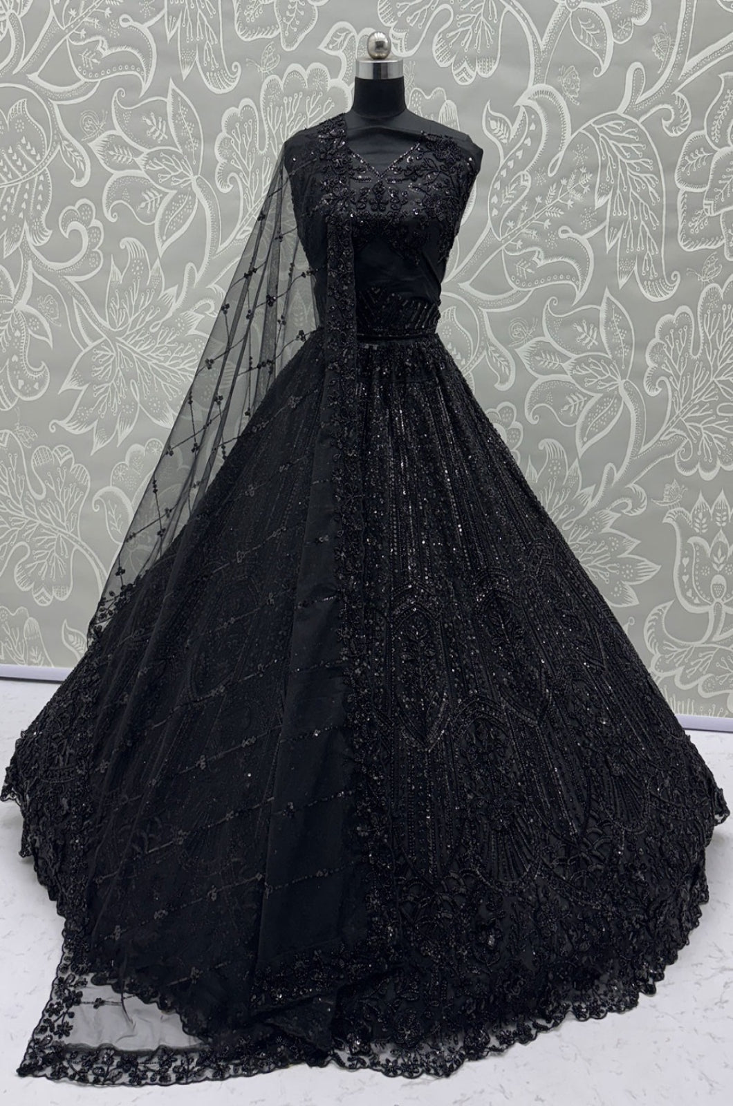 Black Satin Lehenga Choli - SFANJ3261