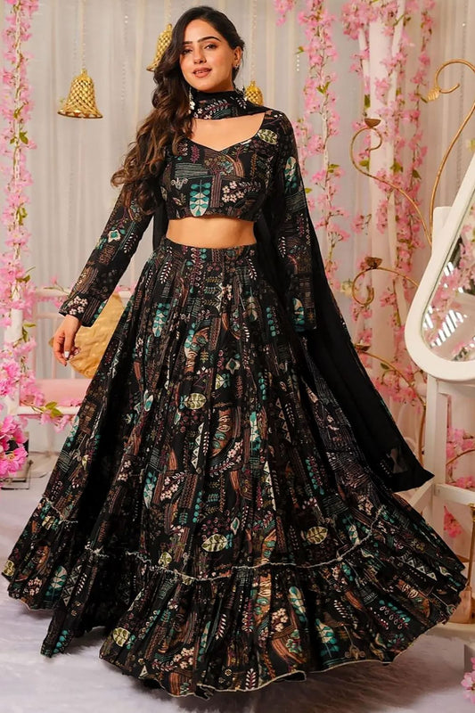Black Printed Chinnon Lehenga Choli In Plus Size SFNPV65901R