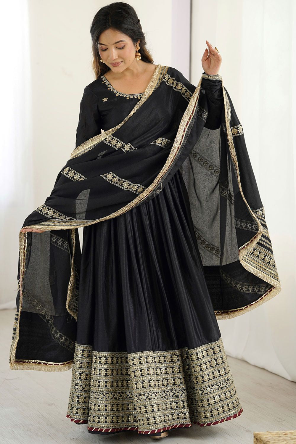 Black Evening Party Silk Anarkali Suit SFROY539201R