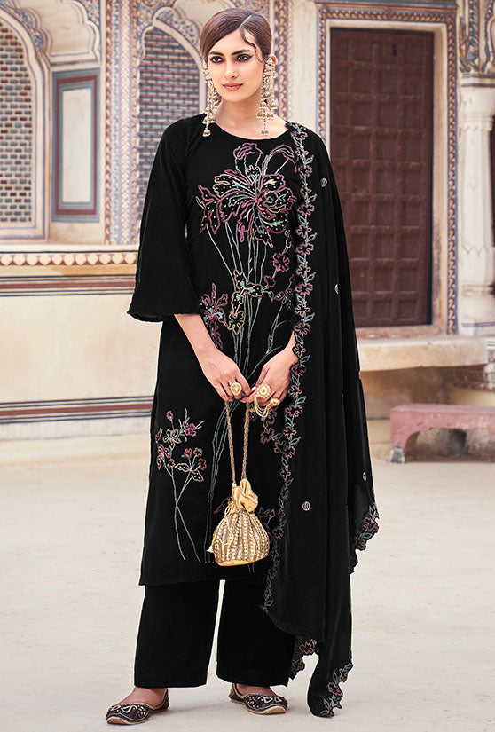 Black Plus Size Velvet Salwar Kameez With Zari Work  SFSTL29505