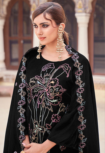 Black Plus Size Velvet Salwar Kameez With Zari Work  SFSTL29505