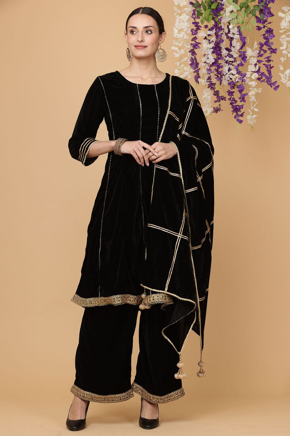 Black Velvet Velvet Readymade Palazzo Salwar Kameez Suit SFJBNF1811R