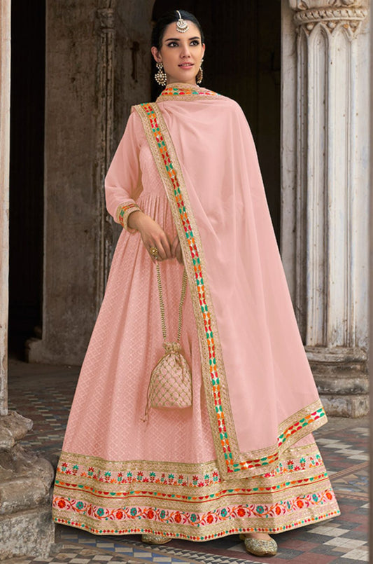 Pink Georgette Long Anarkali Gown Embroidered Lace Work SFSA332504D