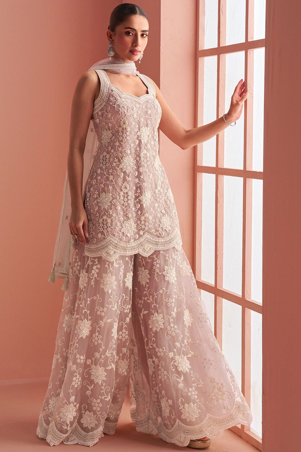 Pink Net Wedding Palazzo Suit SFSMT49801R